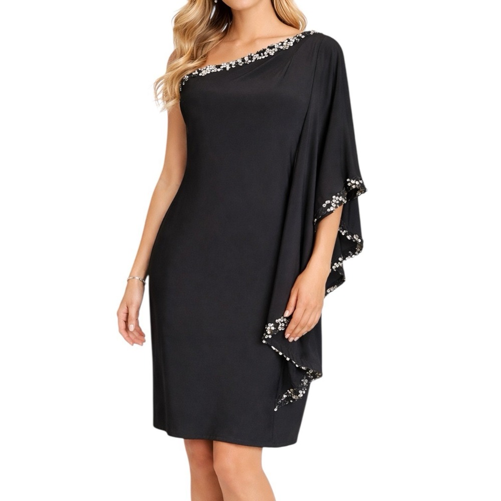 BETSEY & ADAM Black Sheath Dress sz 6 One Shoulder  Sequins Formal Cocktail NWT